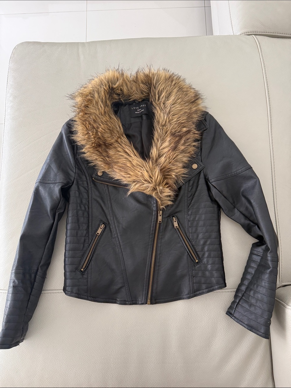 Love Tree Black Faux Leather Jacket with Brown Faux removable Fur Collar